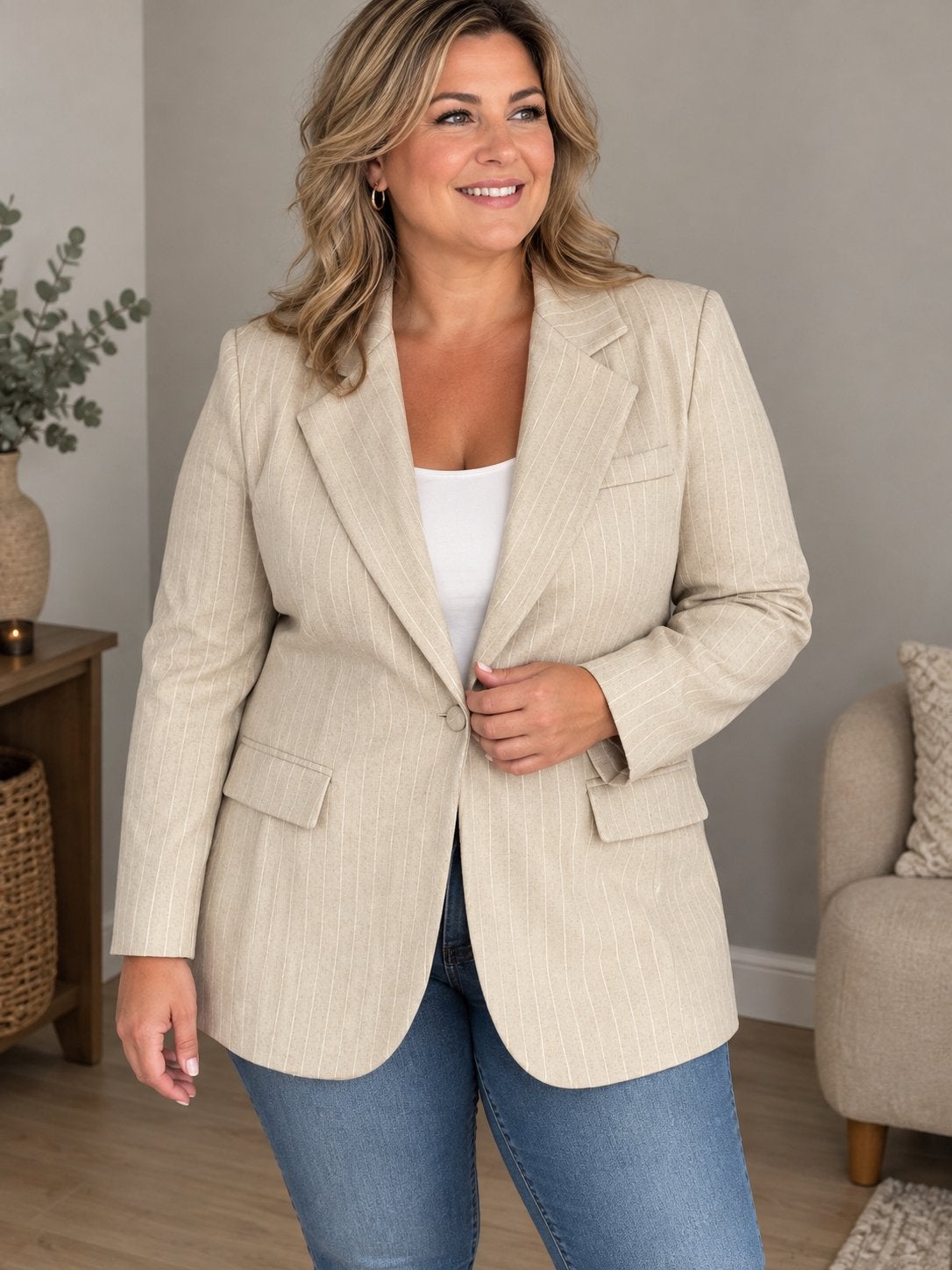 Nieuwe krijtstreep Curvy blazer beige-wit 44/46 €25,-, Beige, Maat 42/44 (L), Nieuw, Ophalen of Verzenden
