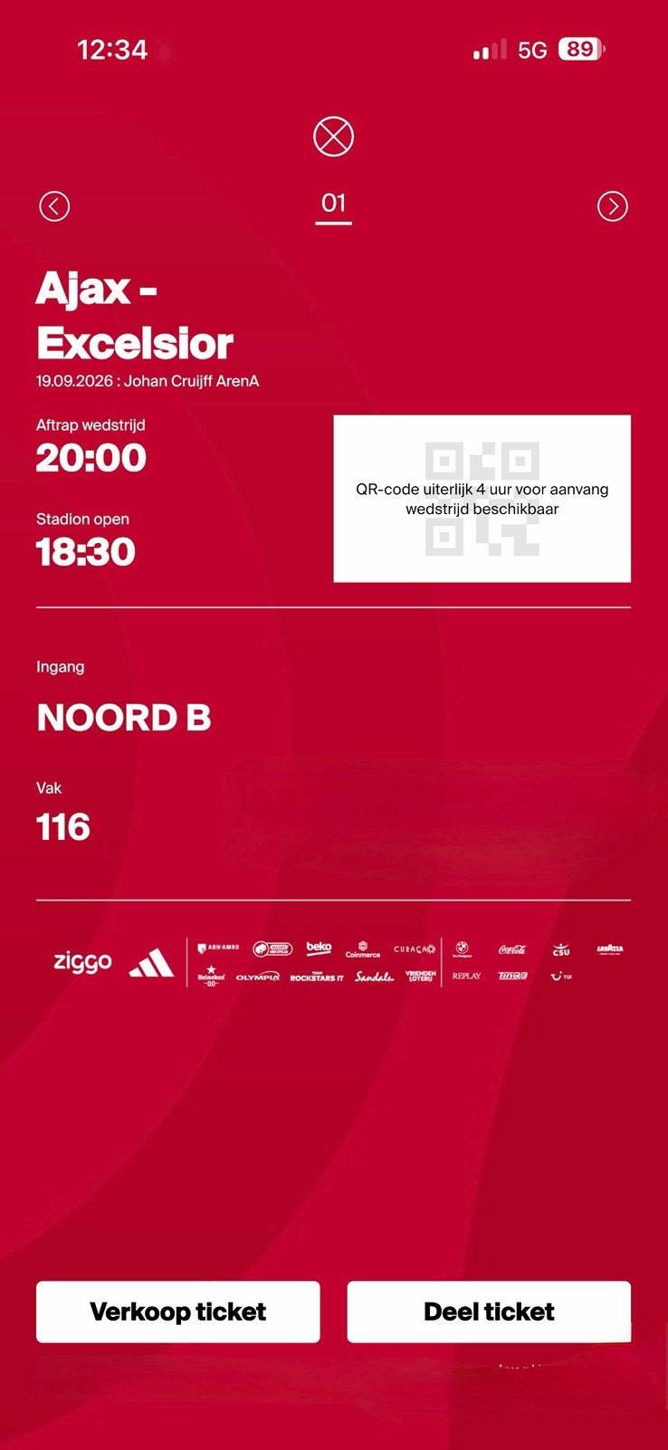 Ajax - excelsior 1 ticket eerste rang vak 116, Eén persoon