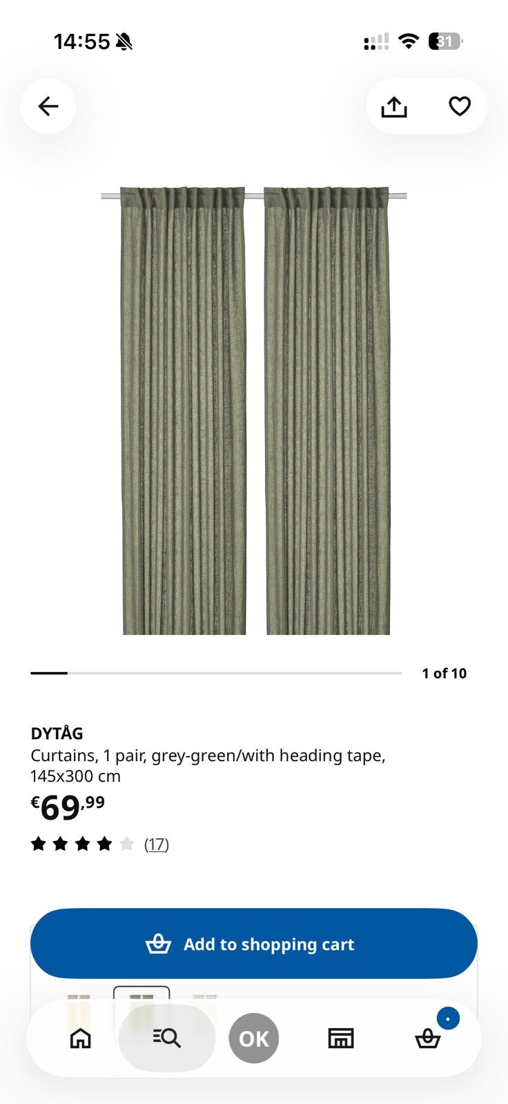 IKEA DYTÅG gordijnen linen grijsgroen (1 paar=2st), IKEA, Ophalen of Verzenden, Zo goed als nieuw, Gordijn