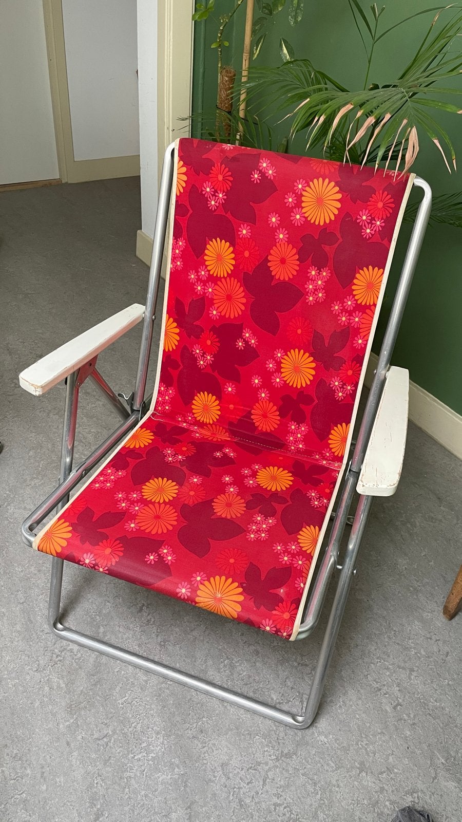 Vintage opklapbare strandstoel met bloemenprint, Ophalen, Gebruikt, Aluminium, Inklapbaar