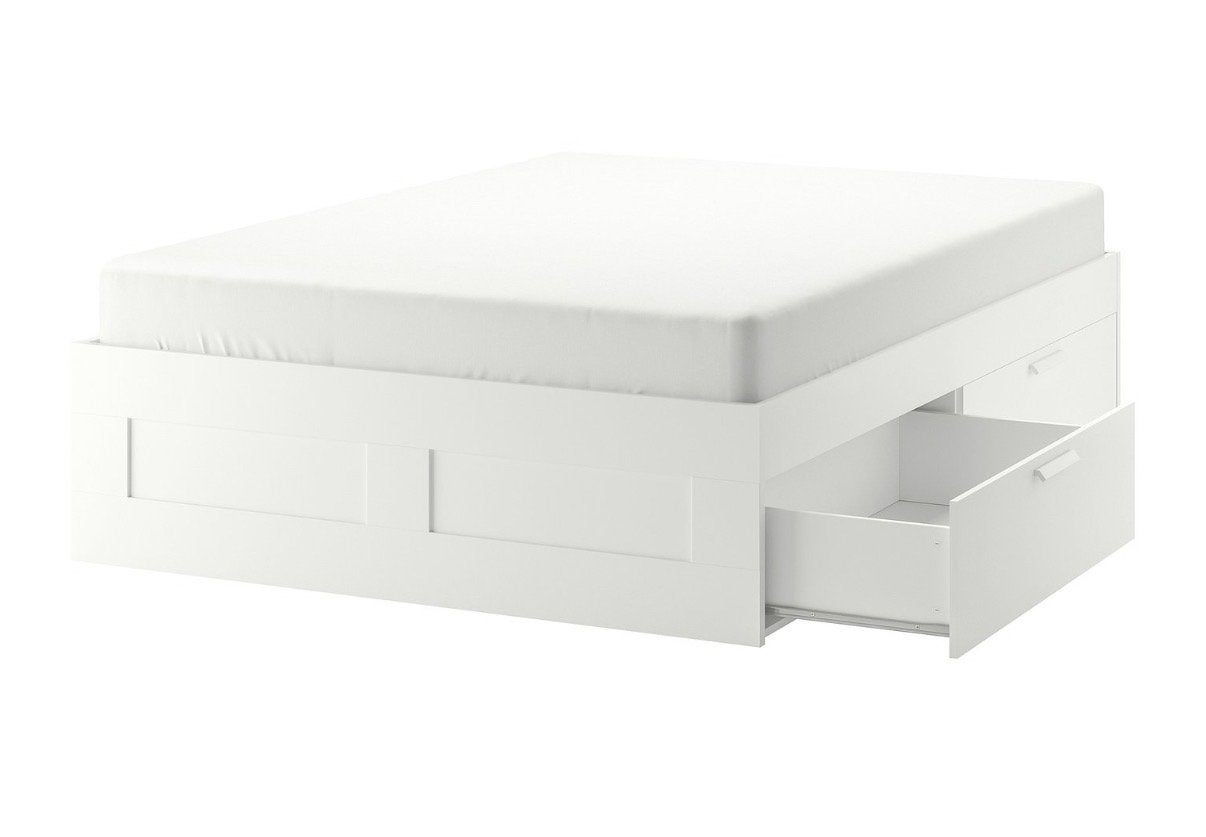 Brimnes bedframe 140x200 met lades, lattenbodem & matras, Ophalen, Gebruikt, Wit, Tweepersoons