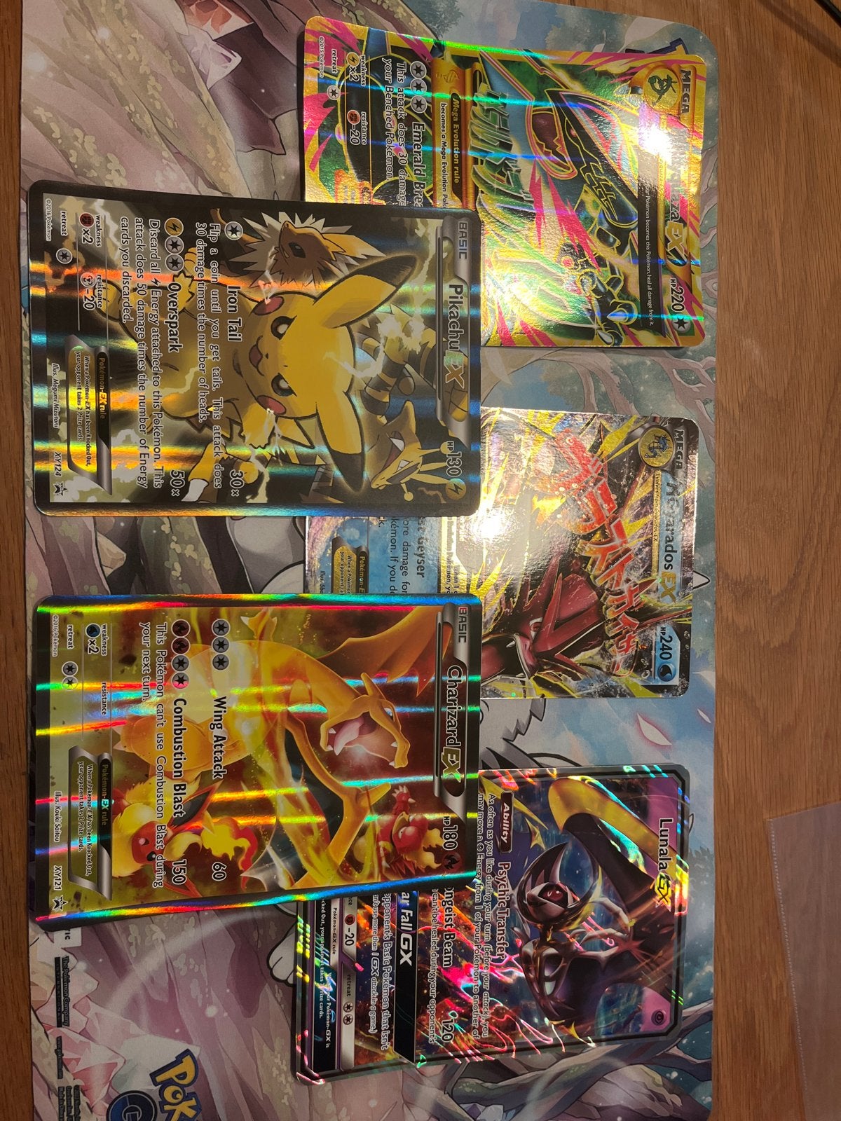 Jumbo Pokémon EX/GX Kaarten: Pikachu, Charizard, Rayquaza, Ophalen of Verzenden, Gebruikt, Meerdere kaarten, Foil
