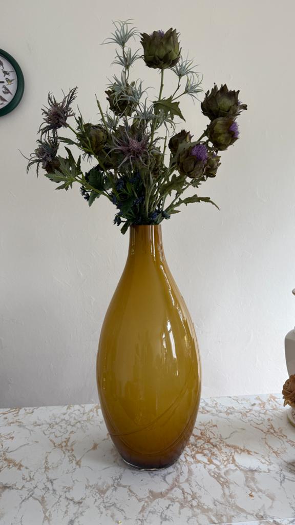 Mooie glazen vaas met bloemen - Okergeel, Overige kleuren, 50 tot 75 cm, Ophalen of Verzenden, Glas