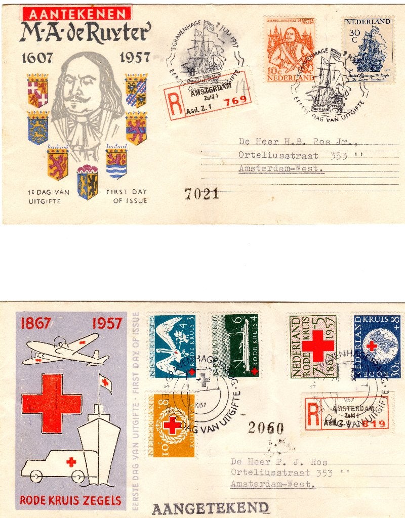 2 Eerstedagenveloppen Michiel de Ruyter + Rode Kruis 1957, Postzegels en Munten, Postzegels | Eerstedagenveloppen, Ophalen of Verzenden