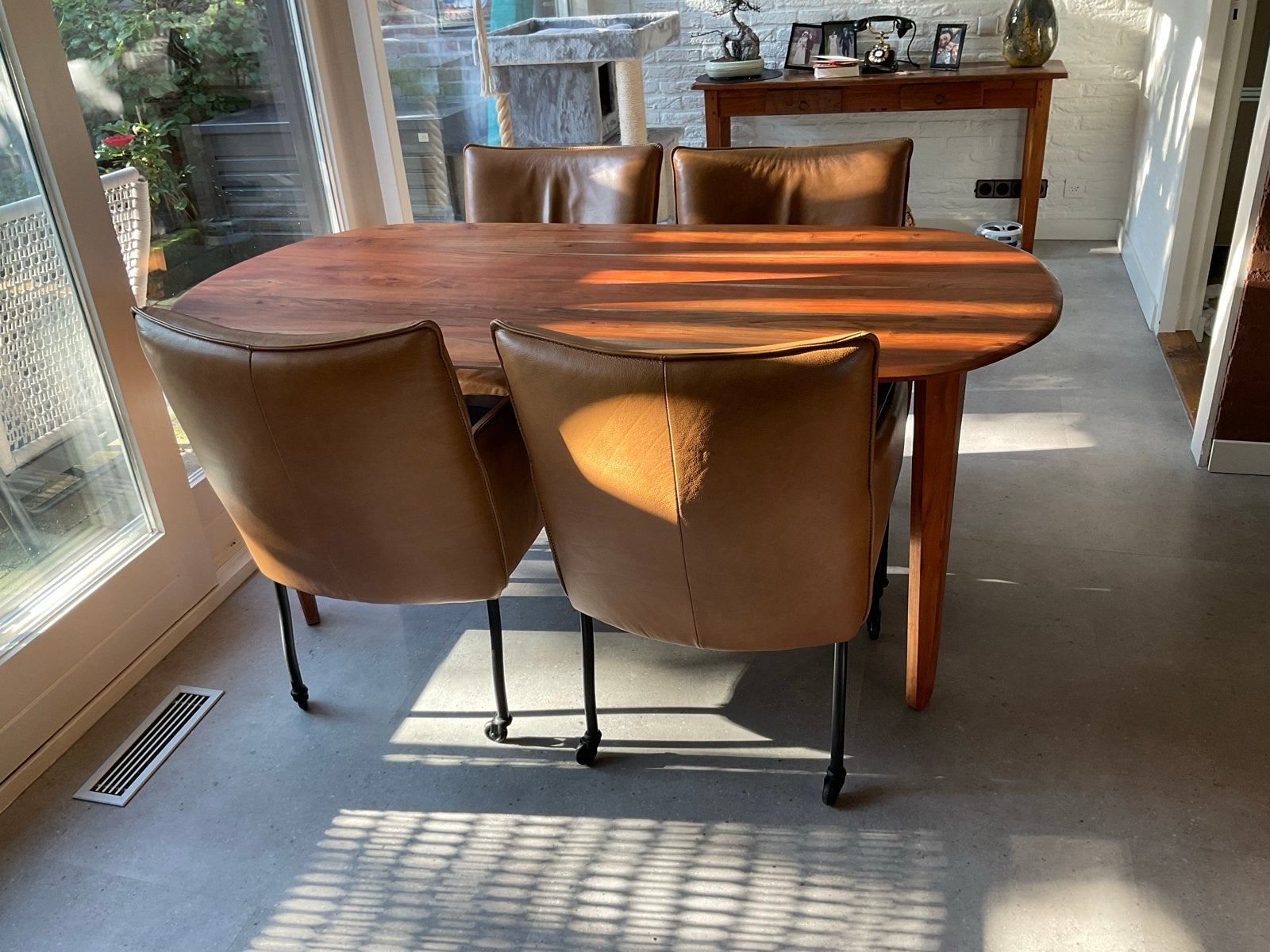 Eetkamertafel met 4 leren stoelen, Huis en Inrichting, Ophalen, Gebruikt, 50 tot 100 cm, 150 tot 200 cm