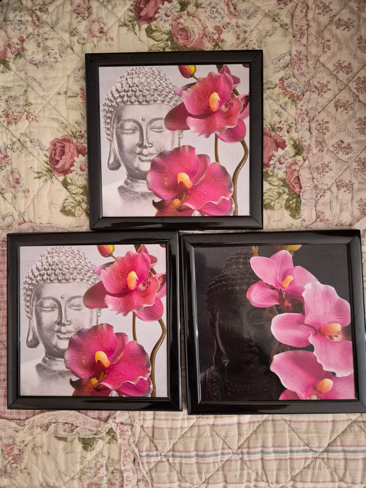 Set van 3 Boeddha en Orchidee schilderijen, Minder dan 50 cm, Ophalen of Verzenden, Zo goed als nieuw, Schilderij