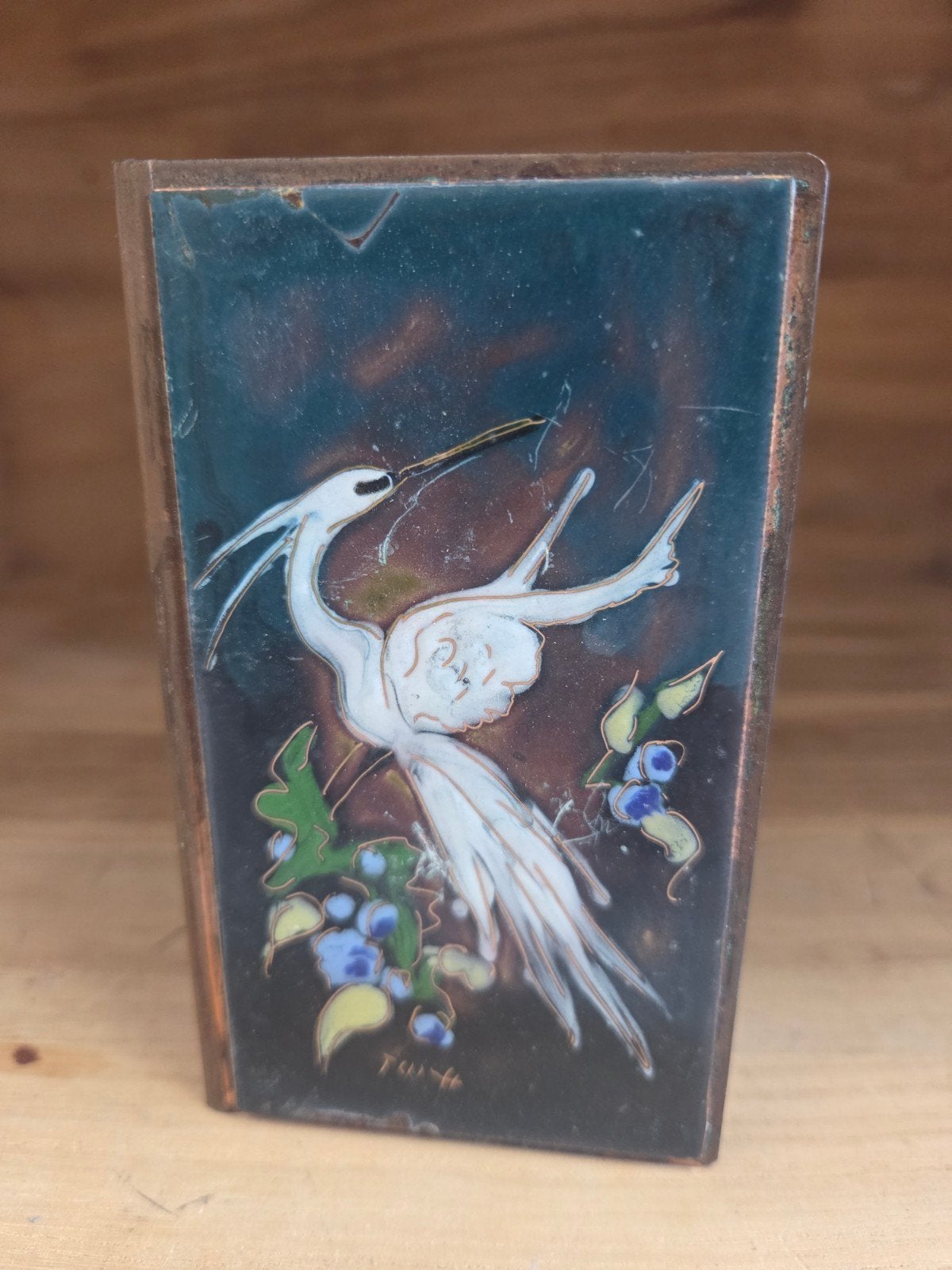 Vintage geëmailleerde luciferdooshouder met vogeldecoratie, Antiek en Kunst, Ophalen of Verzenden