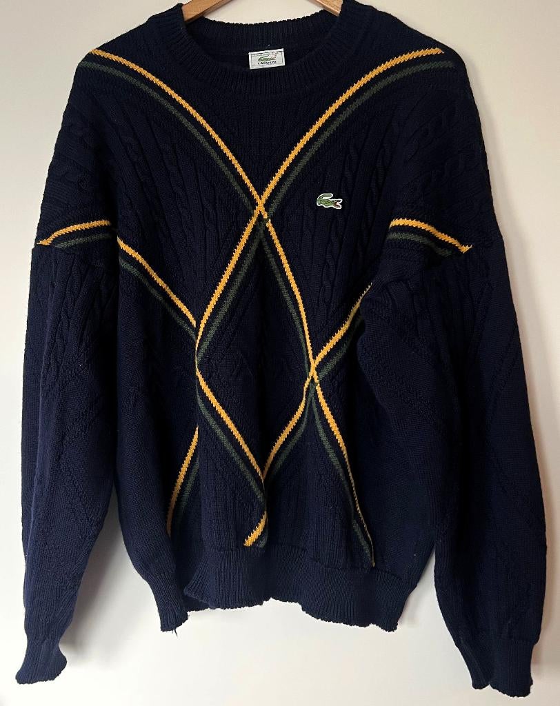 Lacoste Gekaard Wollen Gebreide Crewneck Kabelsweater, Blauw, Lacoste, Maat 56/58 (XL), Ophalen of Verzenden