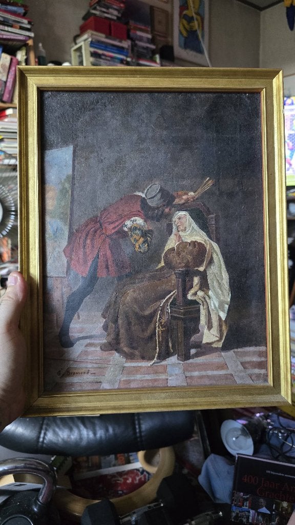 Antiek Frans Genreschilderij ca. 1880, Ophalen of Verzenden, Ingelijst