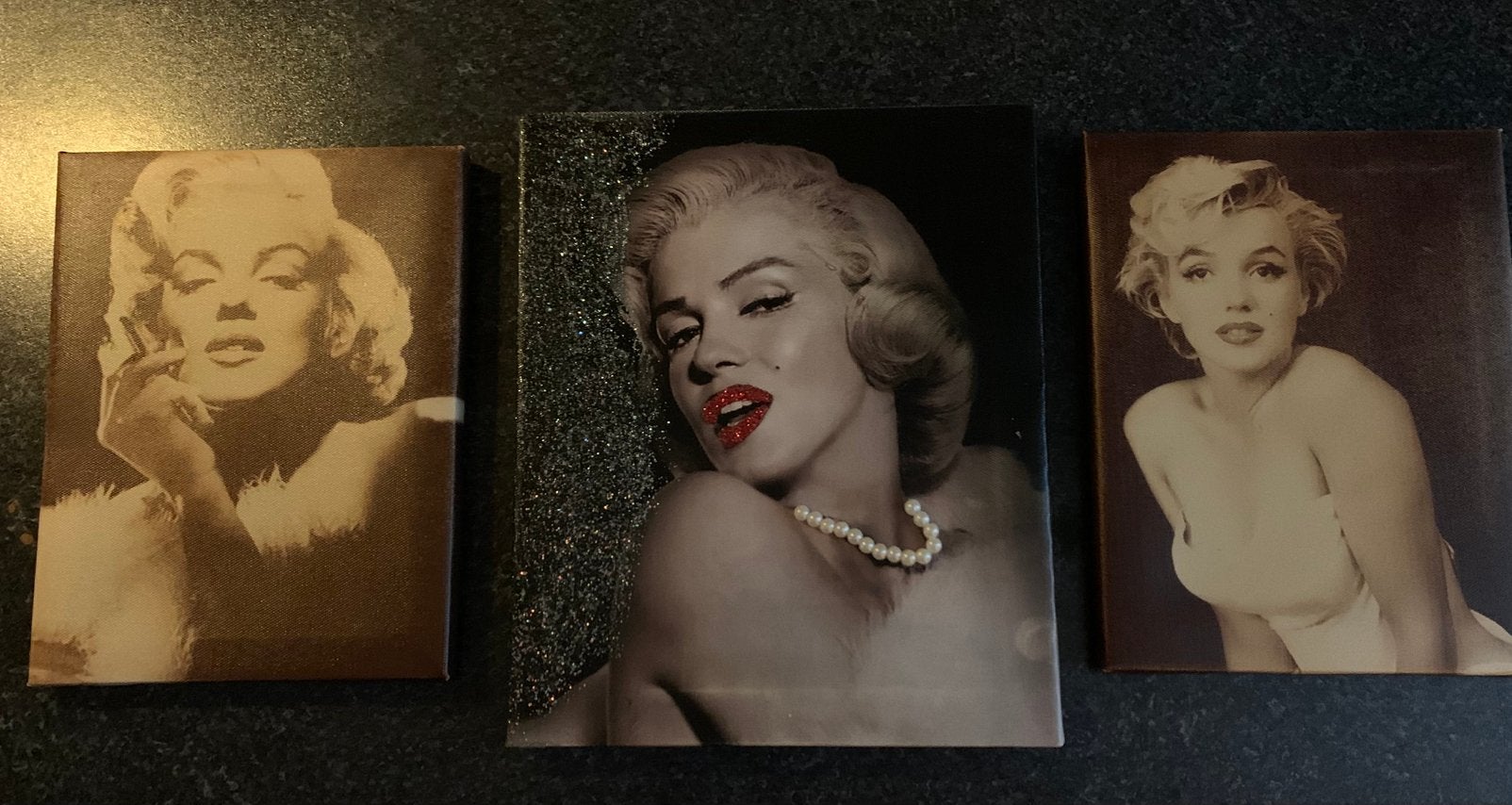Te koop! 3 Marilyn Monroe schilderijtjes, Gebruikt, 1980 tot heden, Ophalen of Verzenden, Prent