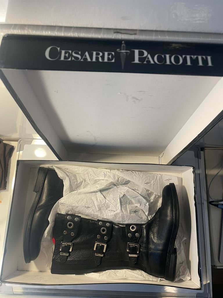 Cesare Paciotti Black Leather Buckle Biker Boots EU 37, Hoge laarzen, Zwart, Ophalen of Verzenden, Zo goed als nieuw