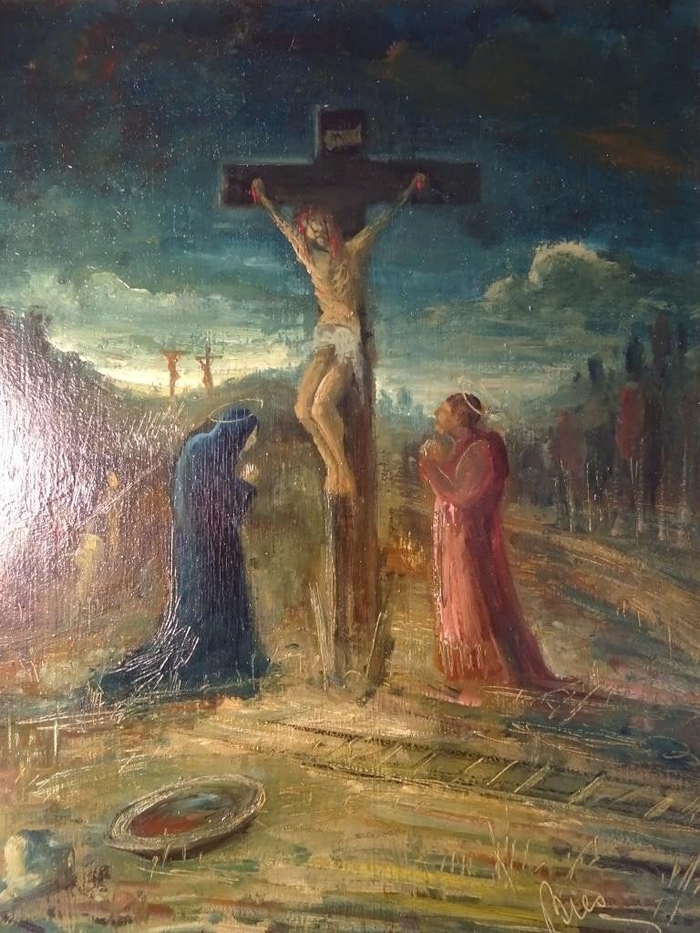 Marinus Bies olieverf op paneel. Golgotha, Paneel, Surrealisme, Ophalen of Verzenden, Olieverf