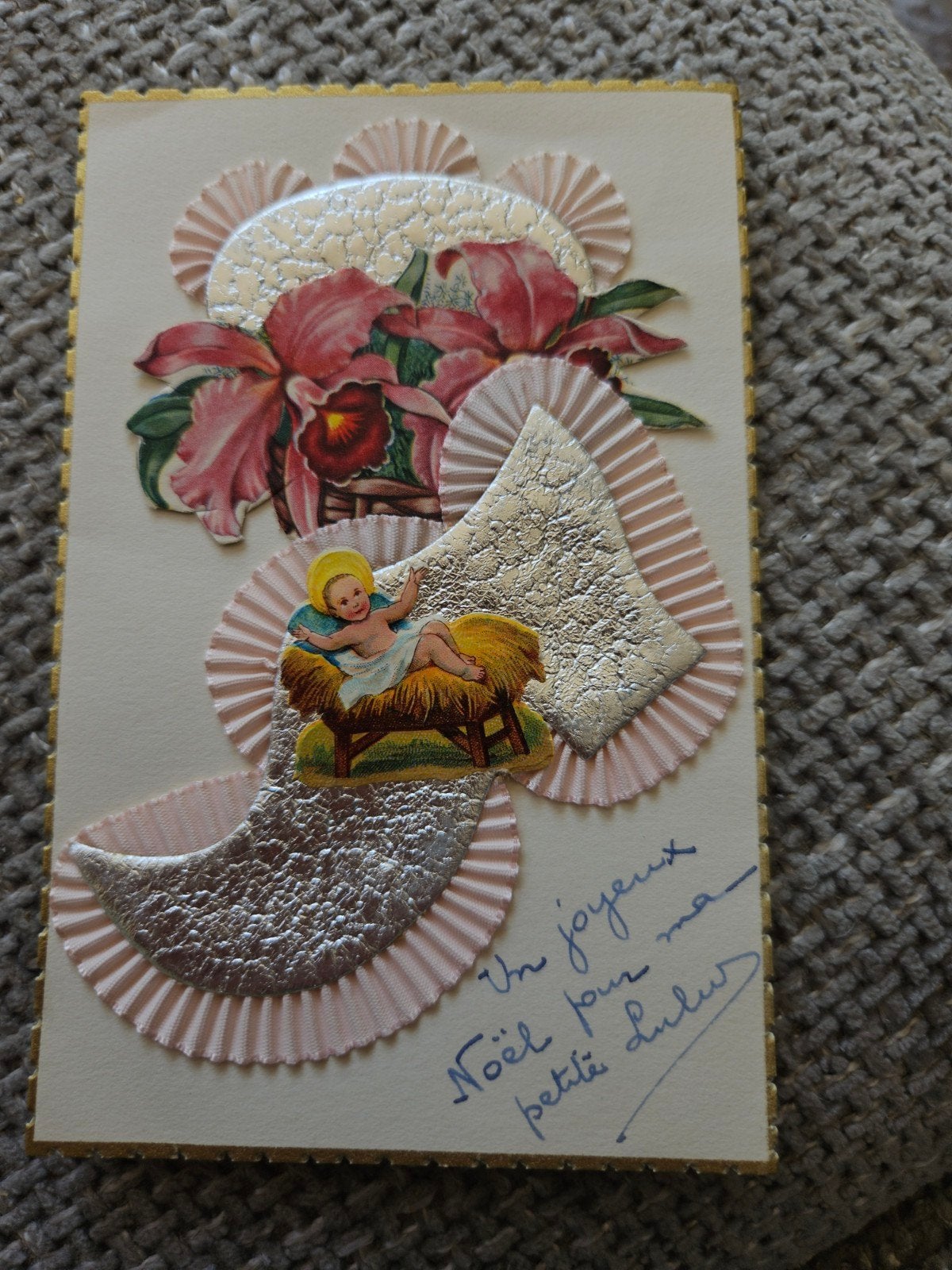 Brocante glitter Lint Kerstkindje en Orchideeën, 1945, Ophalen of Verzenden