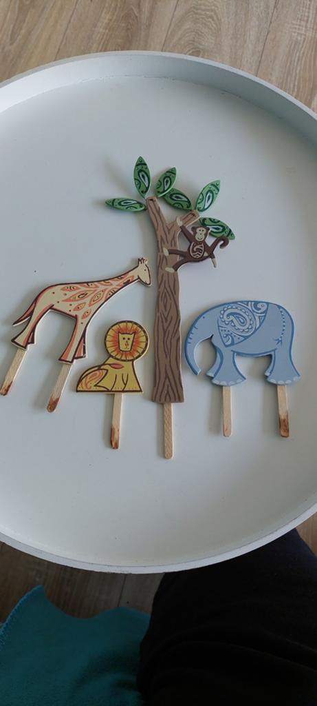 Bakspullen Safari Thema Taartversiering Hout - 4 Items, Ophalen of Verzenden, Gebruikt, Taarten of Cupcakes, Versiering