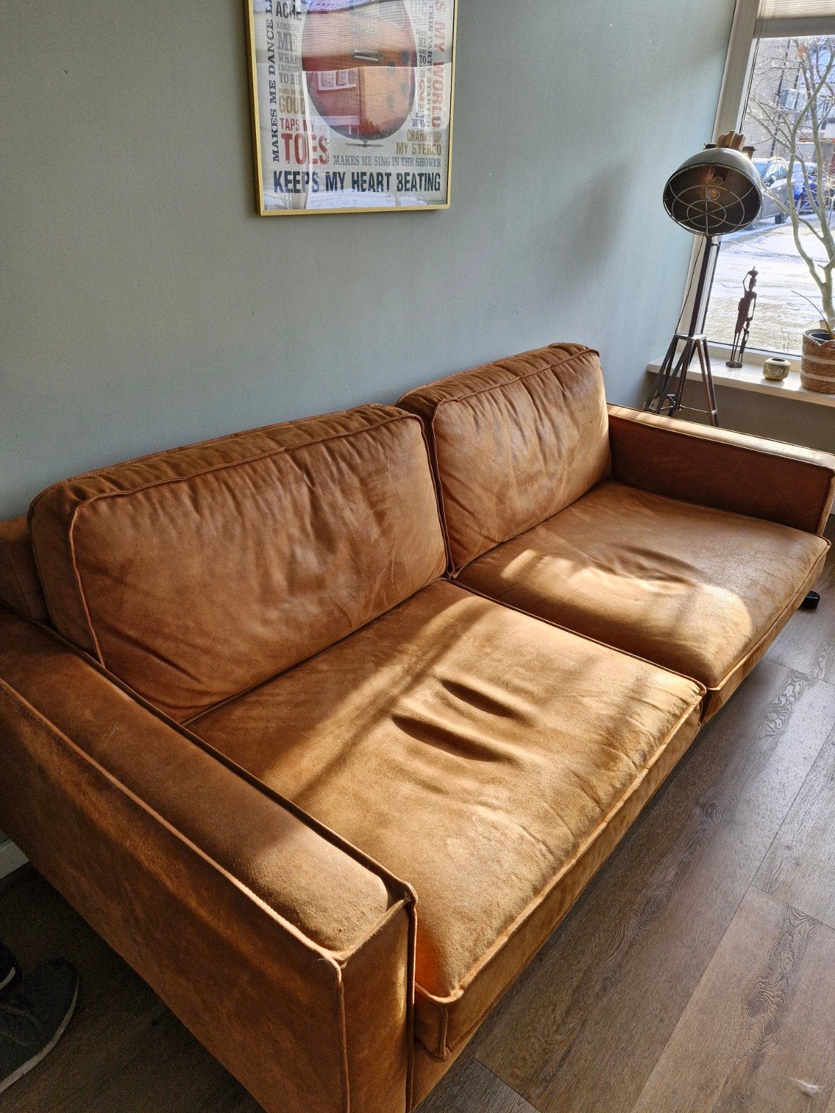 Comfortabele 3-zitsbank van bruin leer, Ophalen, Gebruikt, Driepersoons, Rechte bank