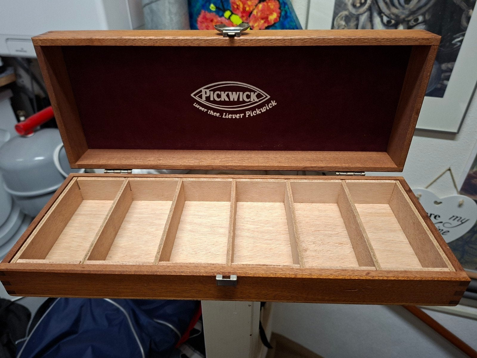 Pickwick theedoos van hout met 6 vakken, Ophalen of Verzenden, Zo goed als nieuw