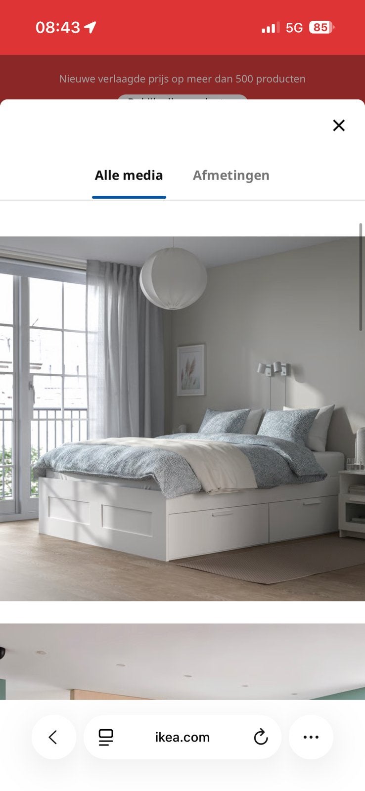 Ikea brimnes bed, Ophalen, Wit, Tweepersoons, 140 cm