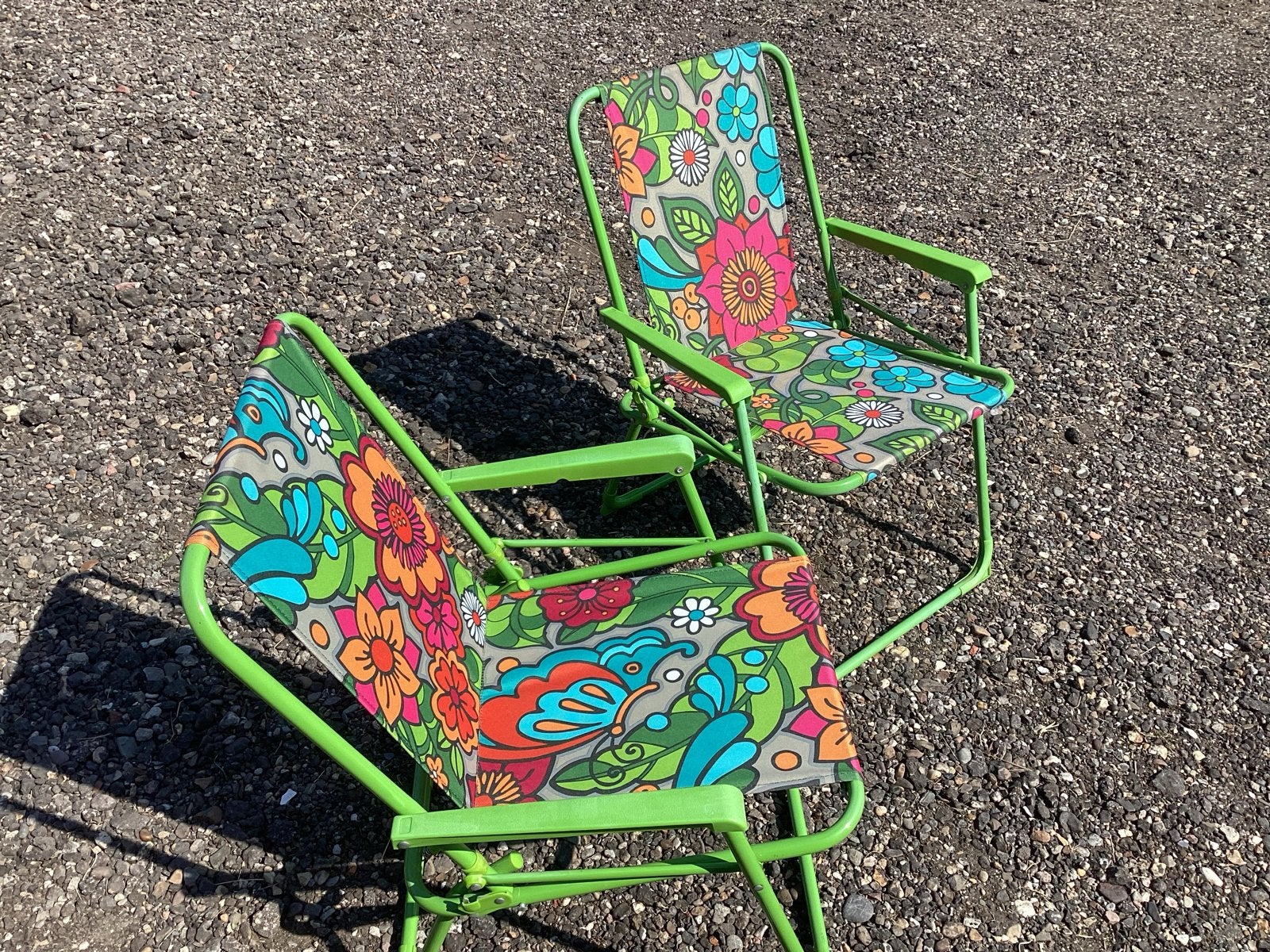Set van 2 vintage inklapbare tuinstoelen met bloemenprint, Ophalen, Gebruikt, Metaal, Inklapbaar