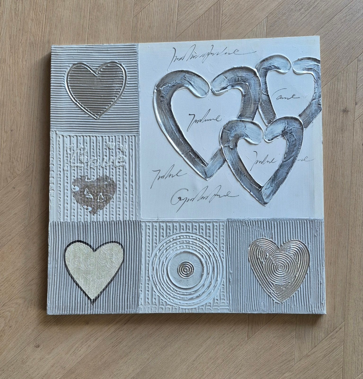 Schilderij met 9 vlakken en hartjes, Ophalen of Verzenden