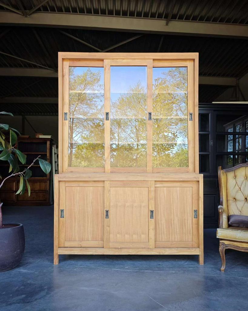 Vintage teakhouten schoolkast - Buffetkast | Vitrine #2721, Niet ingevuld, 100 tot 150 cm, 200 cm of meer, Niet ingevuld