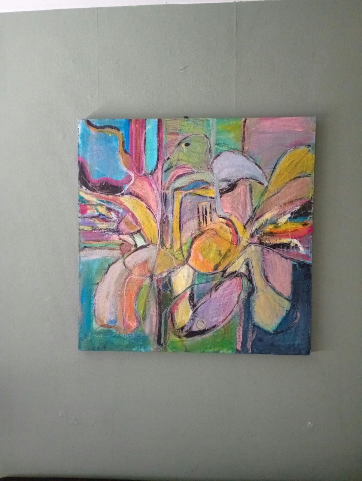 Abstracte bloemen en vogels schilderij, Ophalen