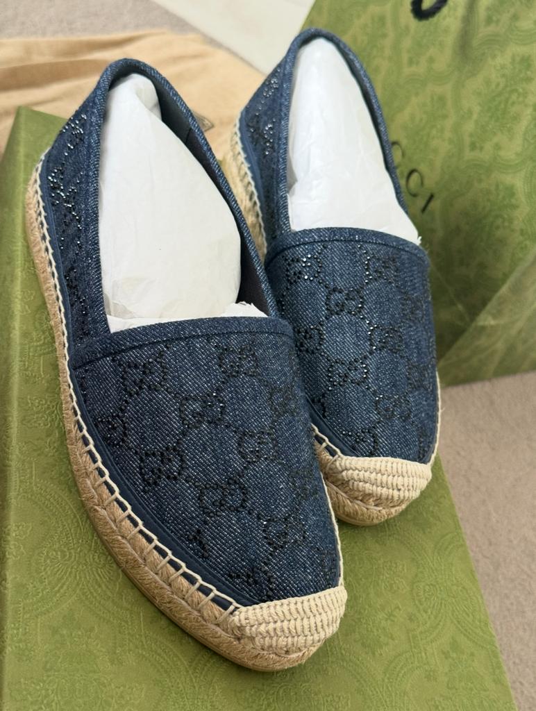 Gucci GG crystal denim espadrilles- maat 36, Ophalen, Blauw, Zo goed als nieuw, Espadrilles of Moccasins