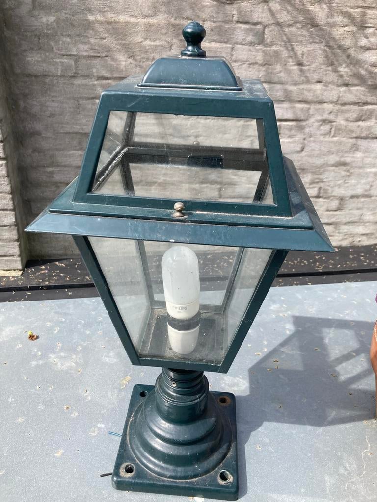 Donkergroene buitenlamp met glazen panelen, Ophalen, Overige materialen, Gebruikt, Minder dan 50 watt