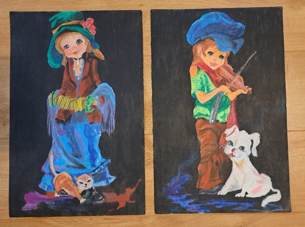 2 vintage kleurrijke wasco tekeningen jongen meisje hond, 50 – 75, Minder dan 50 cm, Tekening, Verzenden