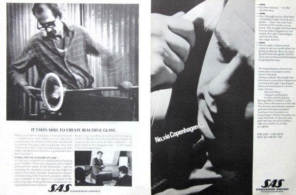 7 vintage reclames Scandinavian airlines 68-73 SAS, Verzamelen, Luchtvaart en Vliegtuigspotten, Ophalen of Verzenden, Gebruikt