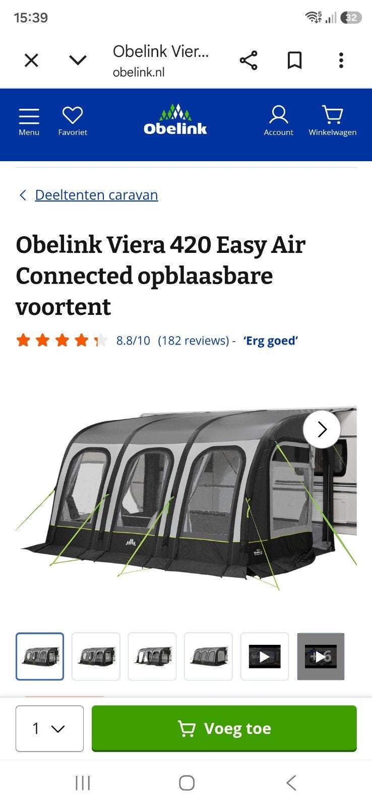 Voortent Obelink 420 Oblaasbare voortent 300cm uitval 1jr, Ophalen of Verzenden, Zo goed als nieuw