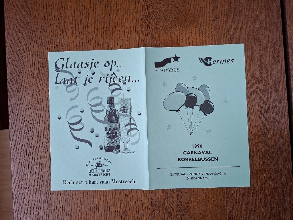 Ridder bier folder Carnavals bussen in Maastricht 1996, Verzamelen, Ophalen of Verzenden, Zo goed als nieuw, Overige typen, Overige merken