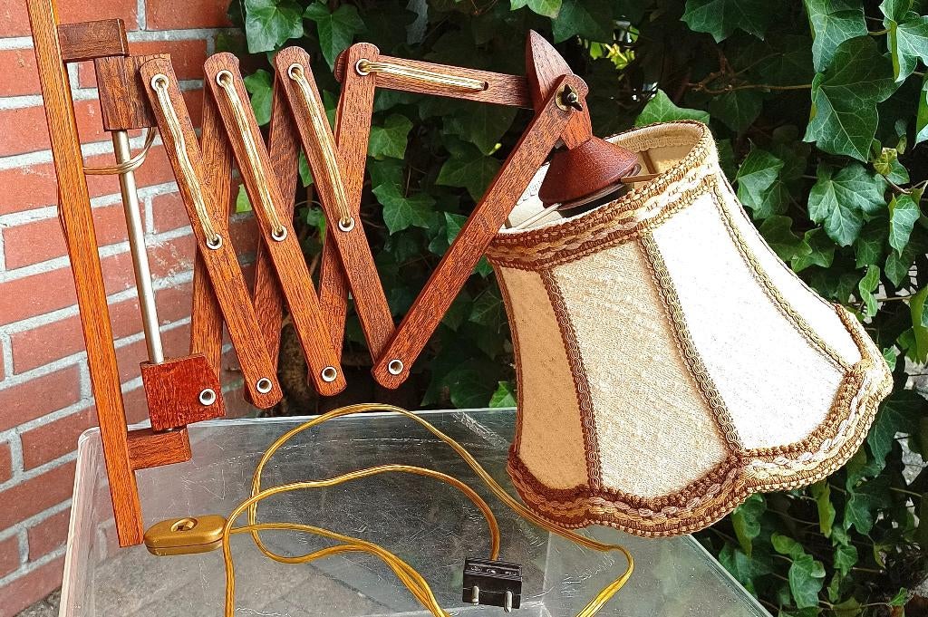 schaarlamp -houten harmonica treklamp - vintage wandlamp 70s, Huis en Inrichting, Lampen | Wandlampen, Ophalen of Verzenden, Gebruikt