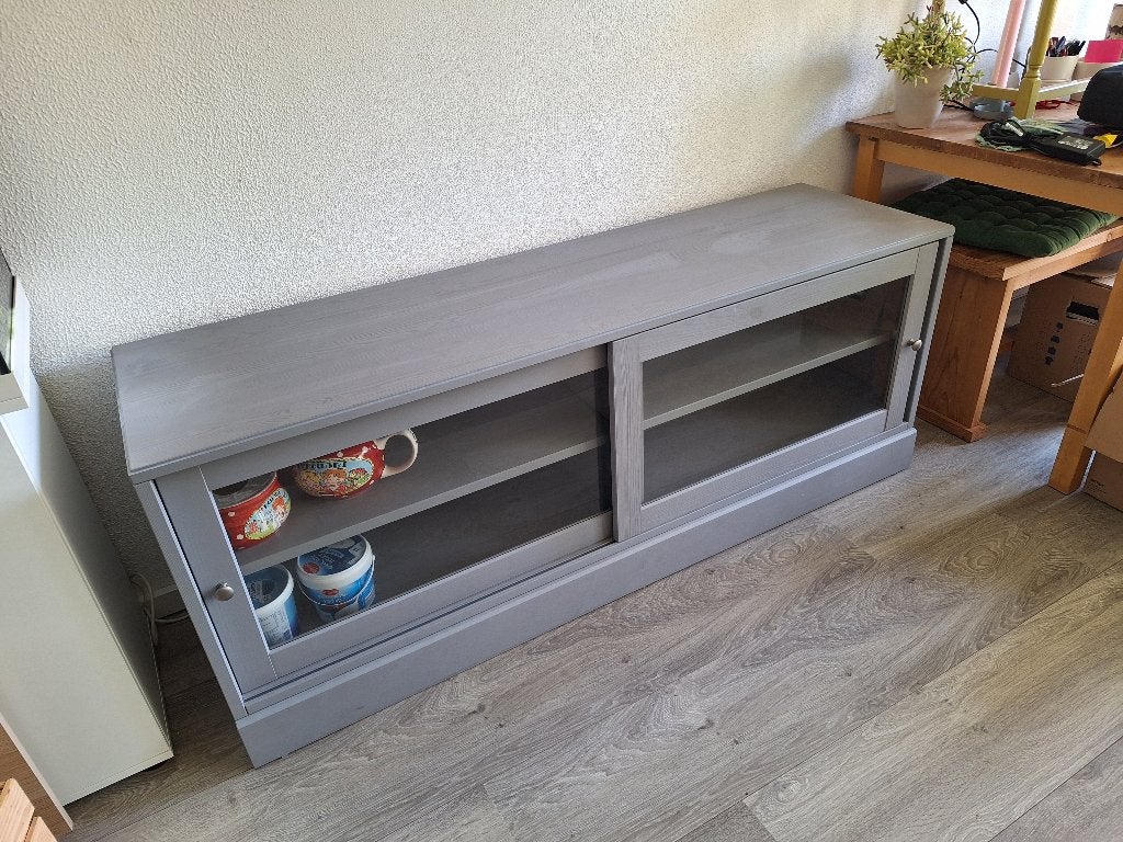 TV-meubel van massief grenen - Grijs - IKEA HAVSTA, Ophalen, Modern, Scandinavisch, 150 tot 200 cm, Zo goed als nieuw