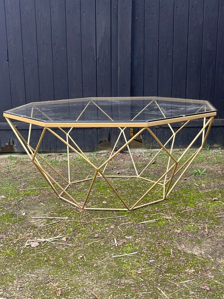Moderne salontafel met gouden frame en glazen blad, Ophalen, Gebruikt, 50 tot 100 cm, Metaal