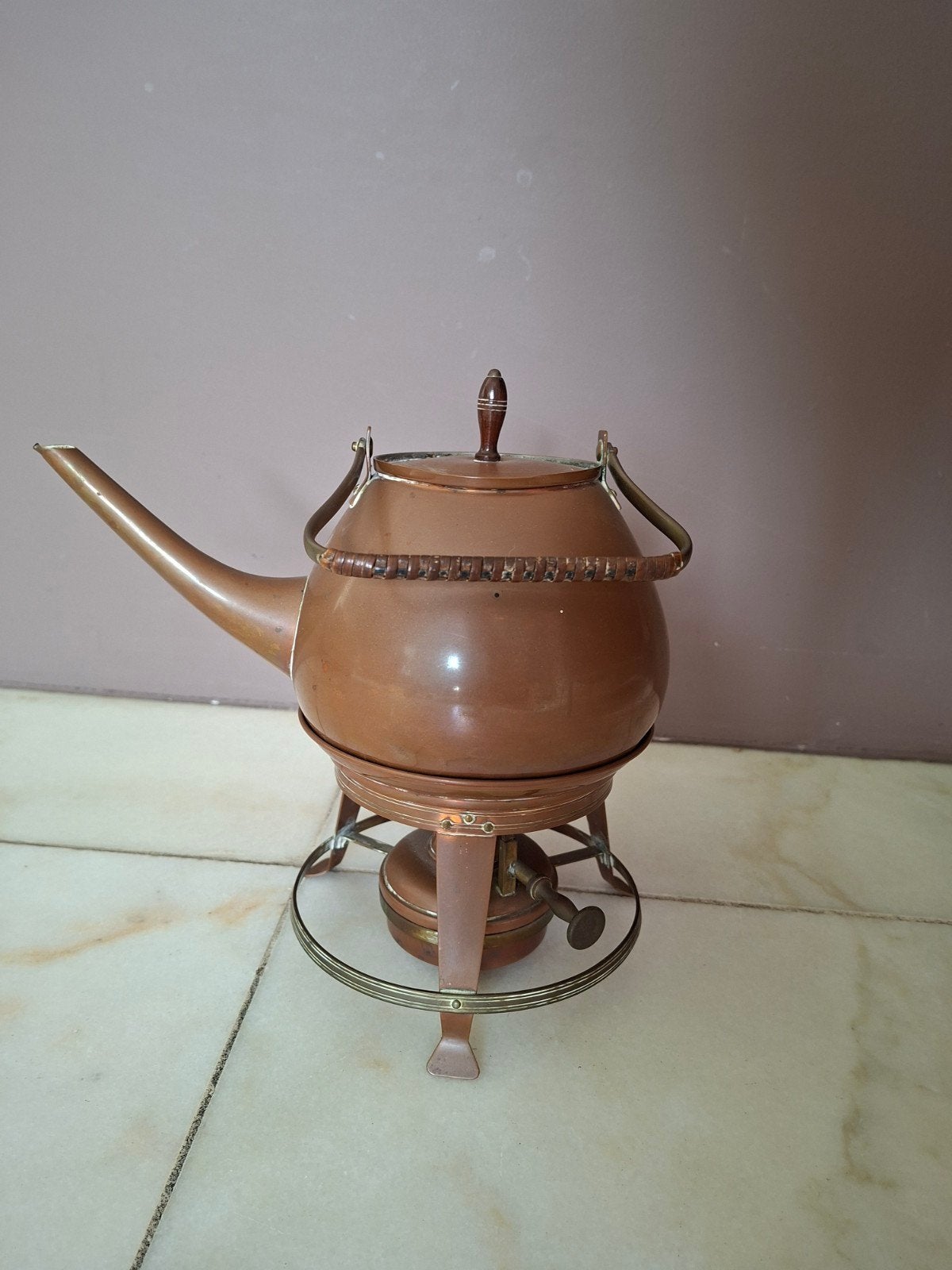 Antieke koperen theeketel met brander, Ophalen of Verzenden