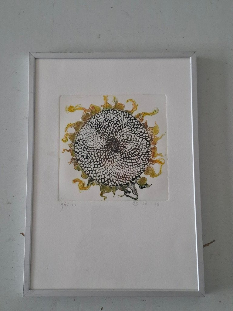 ingelijste ets bloem, zonnebloem gesigneerd en genummerd, 2000 tot heden, 30 cm, Ets, Genummerd