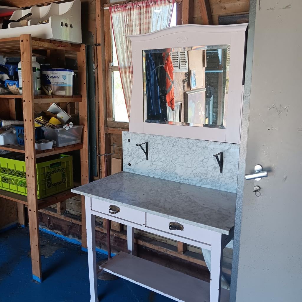 Nostalgische Brocante Wastafel met Marmeren Blad, Antiek en Kunst, Ophalen of Verzenden