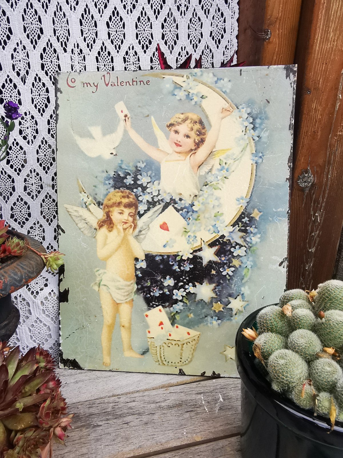 Brocante engeltjes op metalen plaat +-25-35cm Miekje, Ophalen of Verzenden