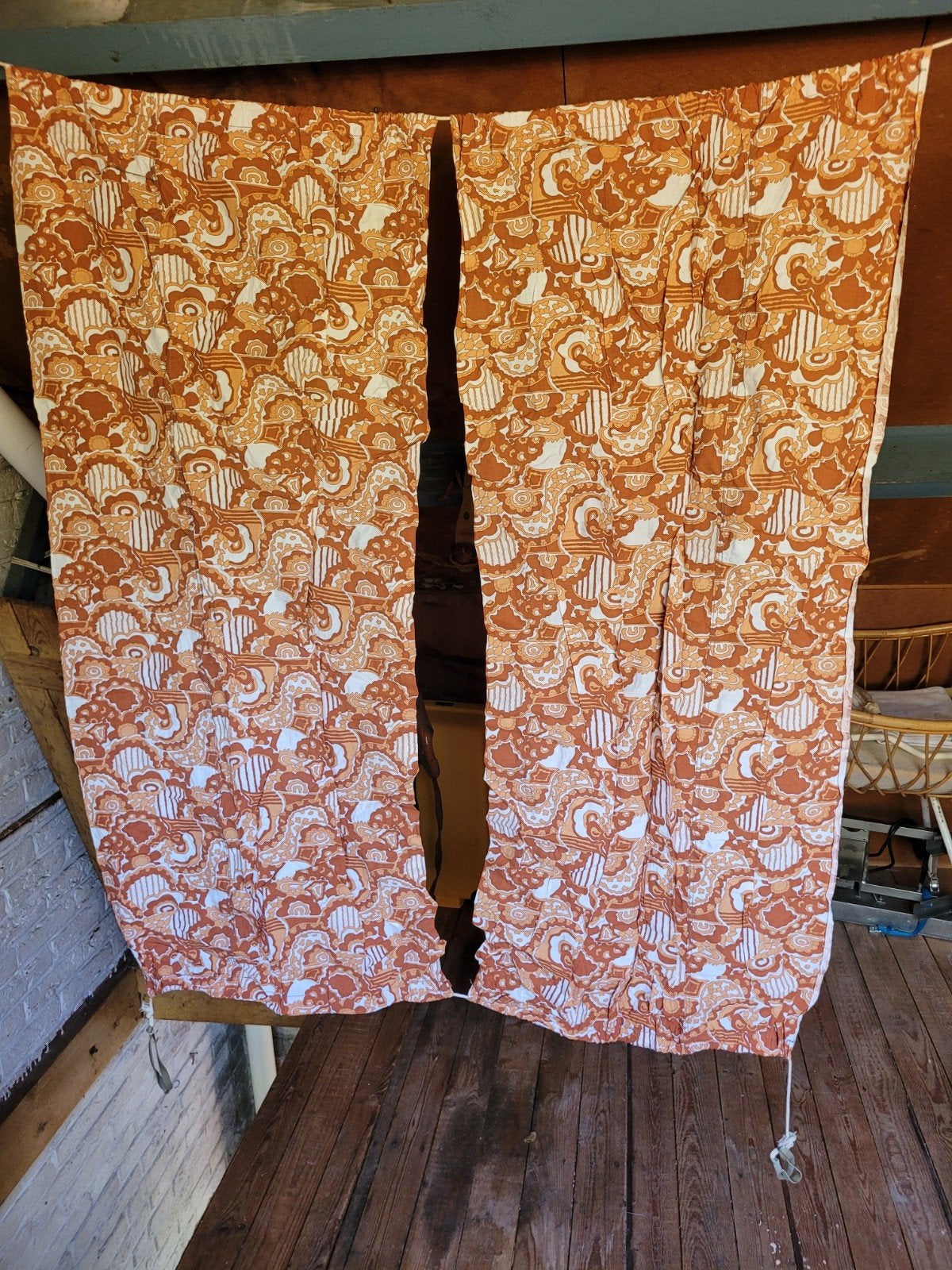 Vintage tent gordijnen - 130x106cm oranje bruin wit retro, Ophalen of Verzenden, Zo goed als nieuw