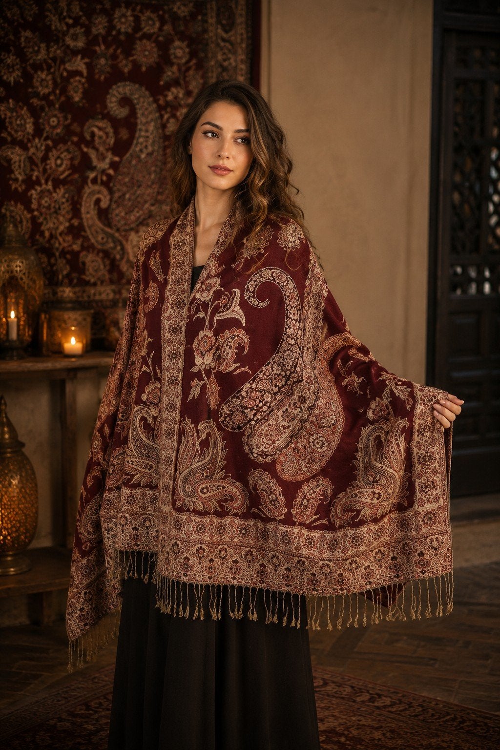 Luxe Pashmina Sjaal met Paisley Patroon - Bordeauxrood, Verzenden, Nieuw, Maat 46/48 (XL) of groter, Sjaal