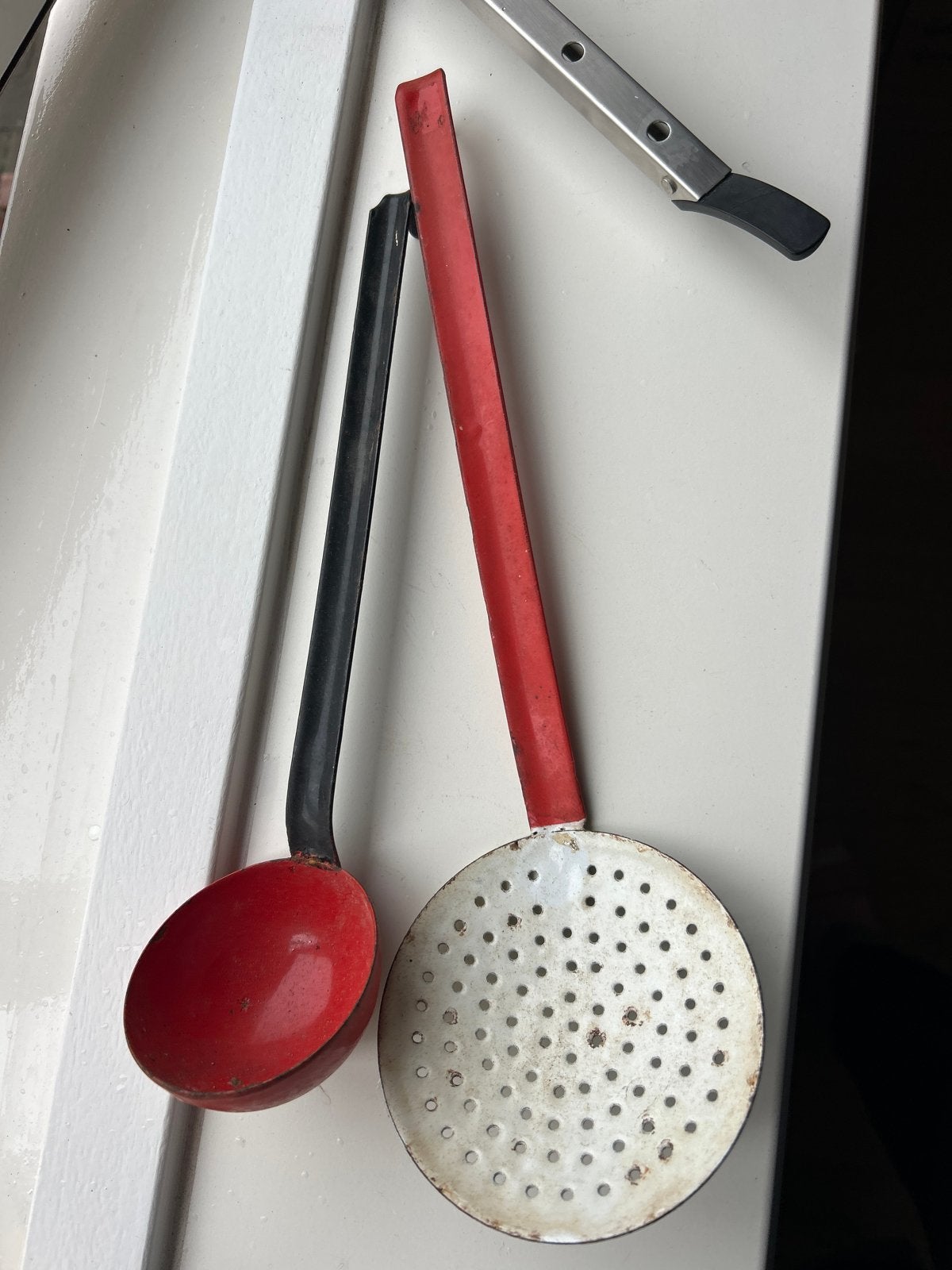 Vintage emaille pollepel en schuimspaan, Ophalen of Verzenden