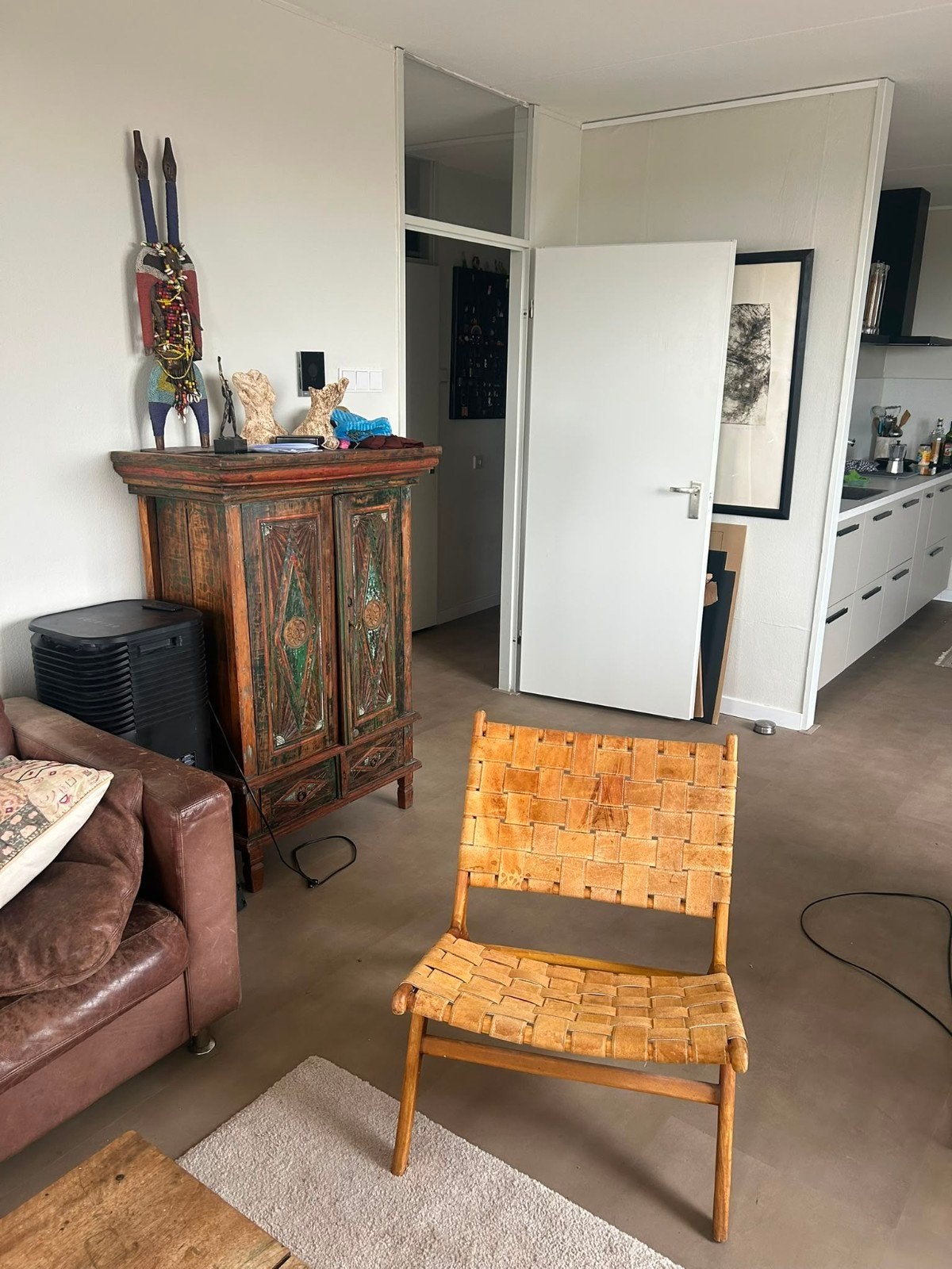 Leren lounge stoel - Hout en leer, Gebruikt, Bruin, Eén, Leer