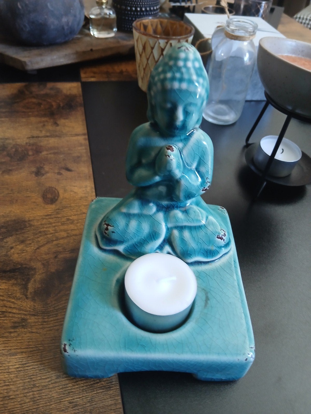 Boeddha beeldje met theelichthouder - Turquoise, Blauw, Met reliëf, Gebruikt, Steen/keramiek