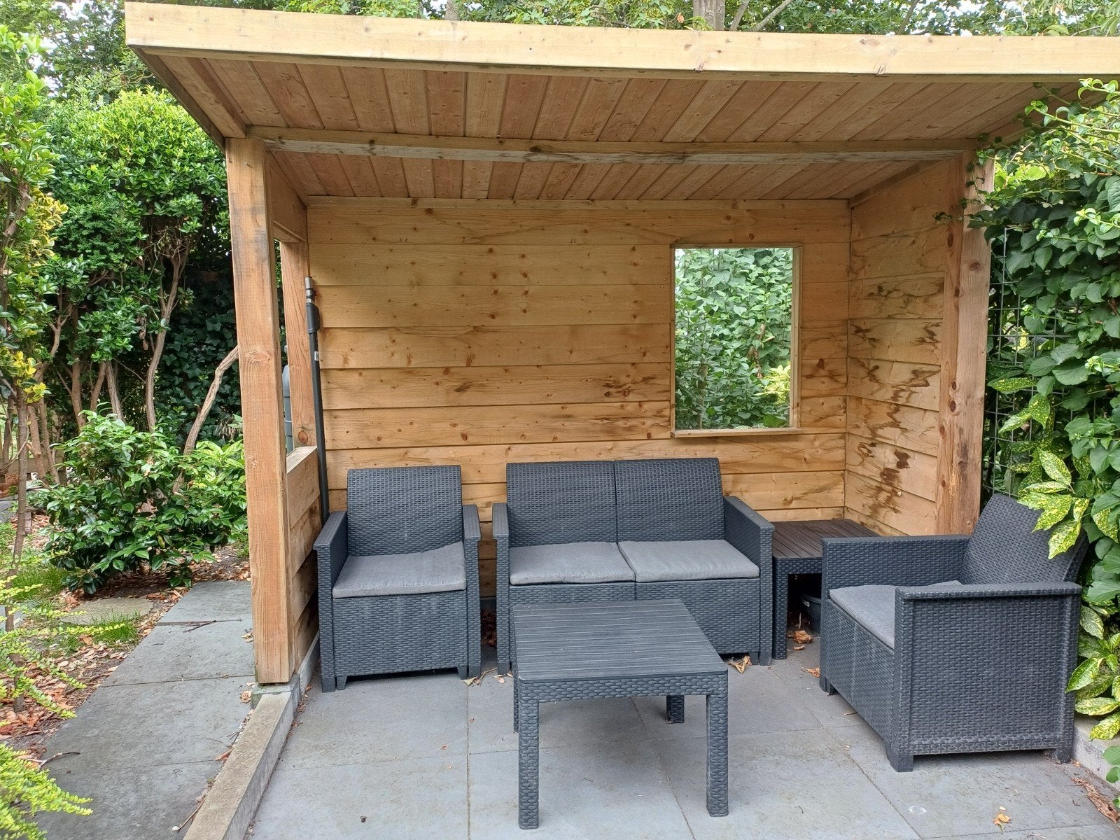 Leuke grijze 4-persoons rotan/plastic tuinset met kussens, Tuin en Terras, Tuinsets en Loungesets, Ophalen, 4 zitplaatsen, Kunststof