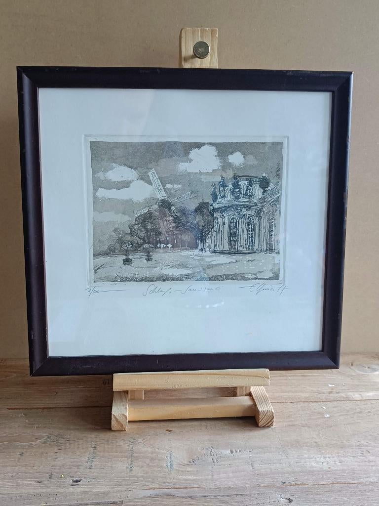 Ets van Slot Sanssouci met molen. Gesigneerd en genummerd, Antiek en Kunst, Kunst | Etsen en Gravures, Ets, Genummerd, Gesigneerd