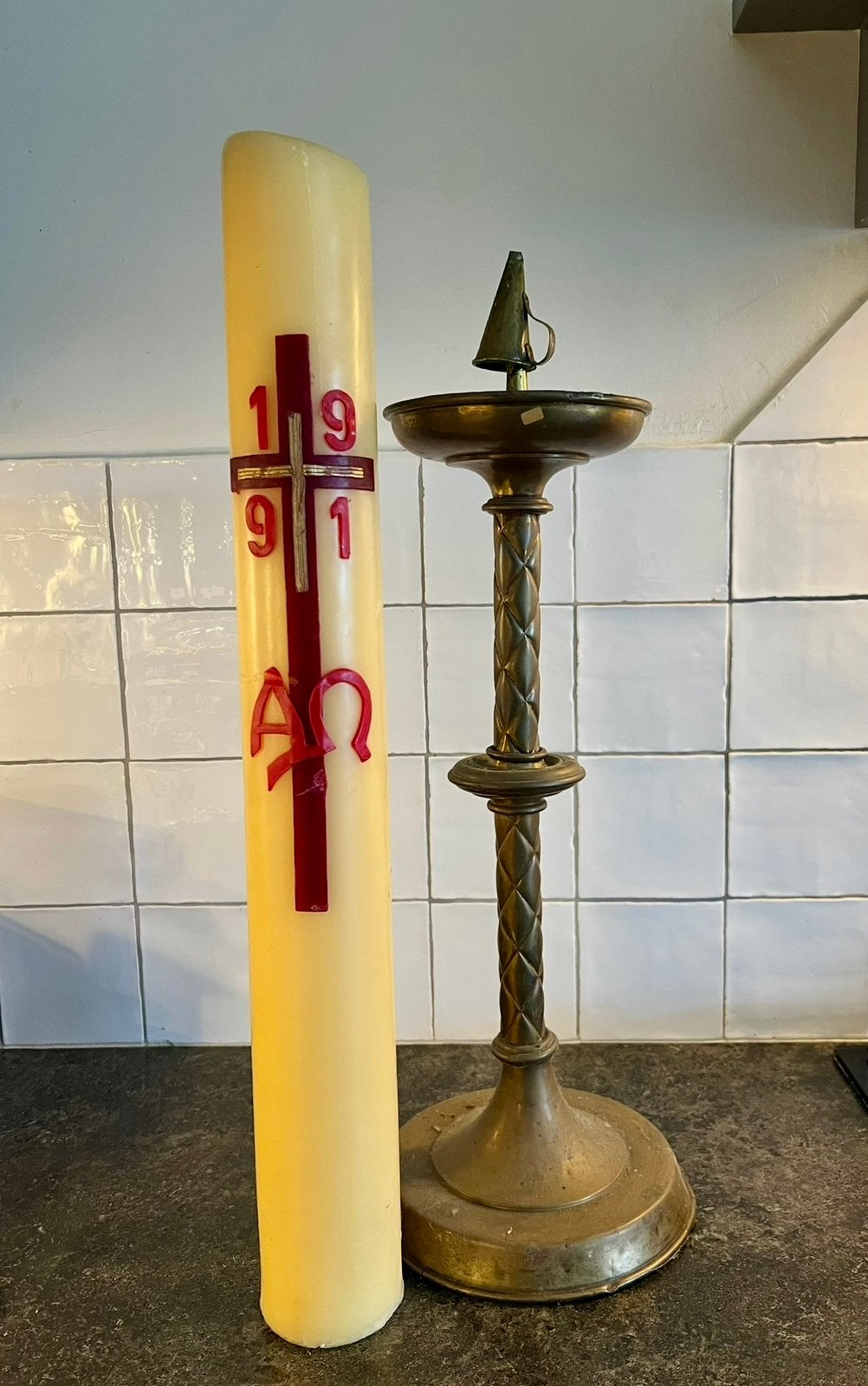 Kaars/kerk-kandelaar, grote kaars!, Ophalen of Verzenden, Koper of Brons