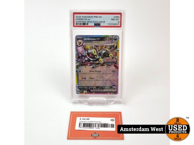 Umbreon ex #060 Prismatic Evolutions Suprise Box 2025 PSA 8, Zo goed als nieuw