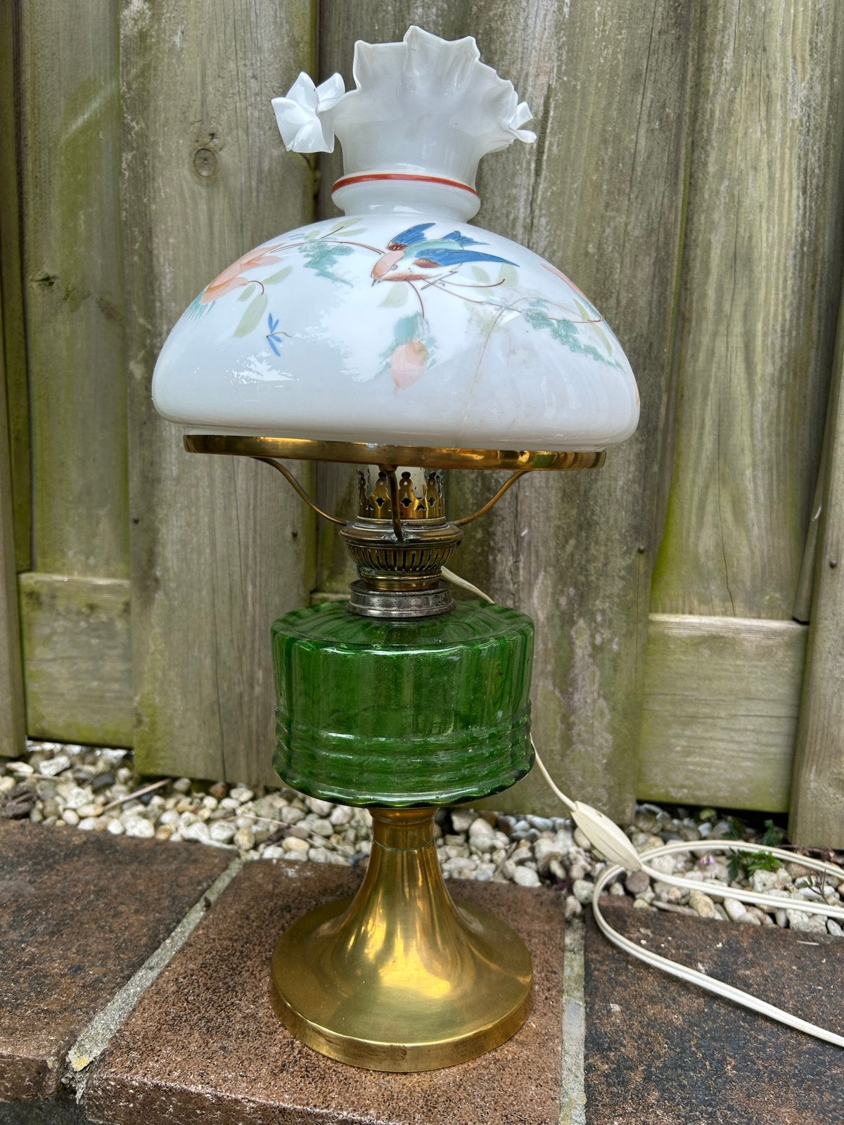 Antieke olielamp met vogeldecoratie, Ophalen of Verzenden