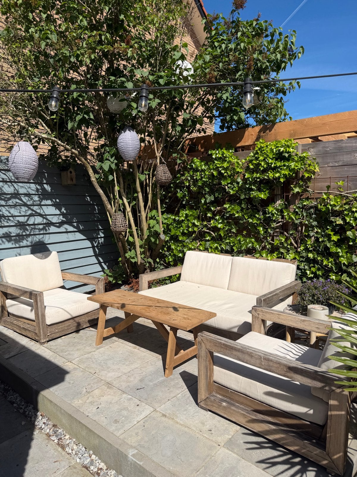 Tuinbank met 2 stoelen en kussens, Tuin en Terras, Tuinsets en Loungesets, Ophalen, 4 zitplaatsen, Gebruikt, Hout