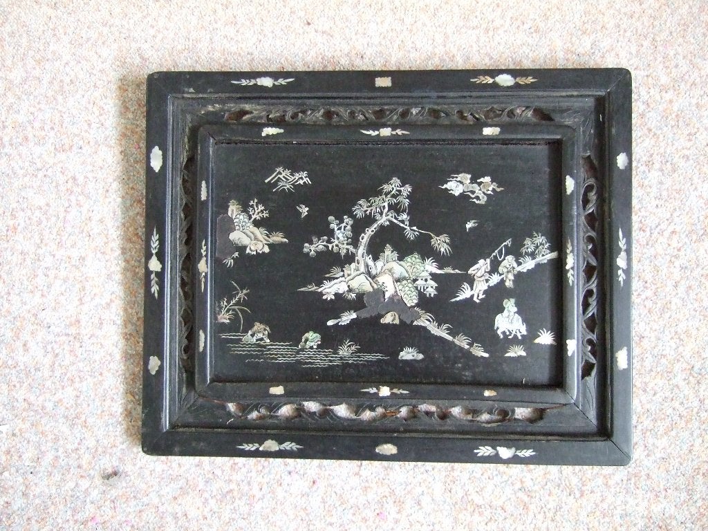 Tableau ingelegd parelmoer, Wanddecoratie, Handgemaakt, Zwart, China
